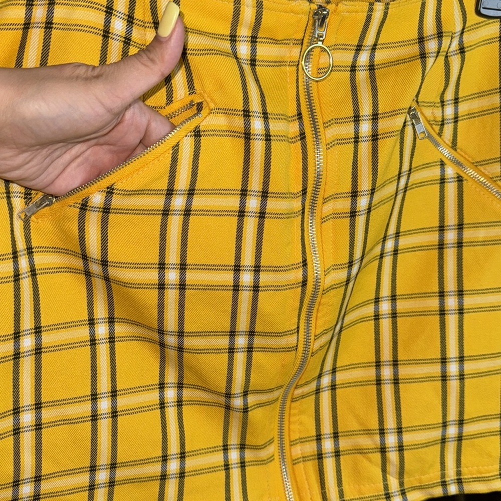 NWT-BELLE TWEED-Yellow plaid front zipper skirt with pockets size Large - Picture 5 of 6
